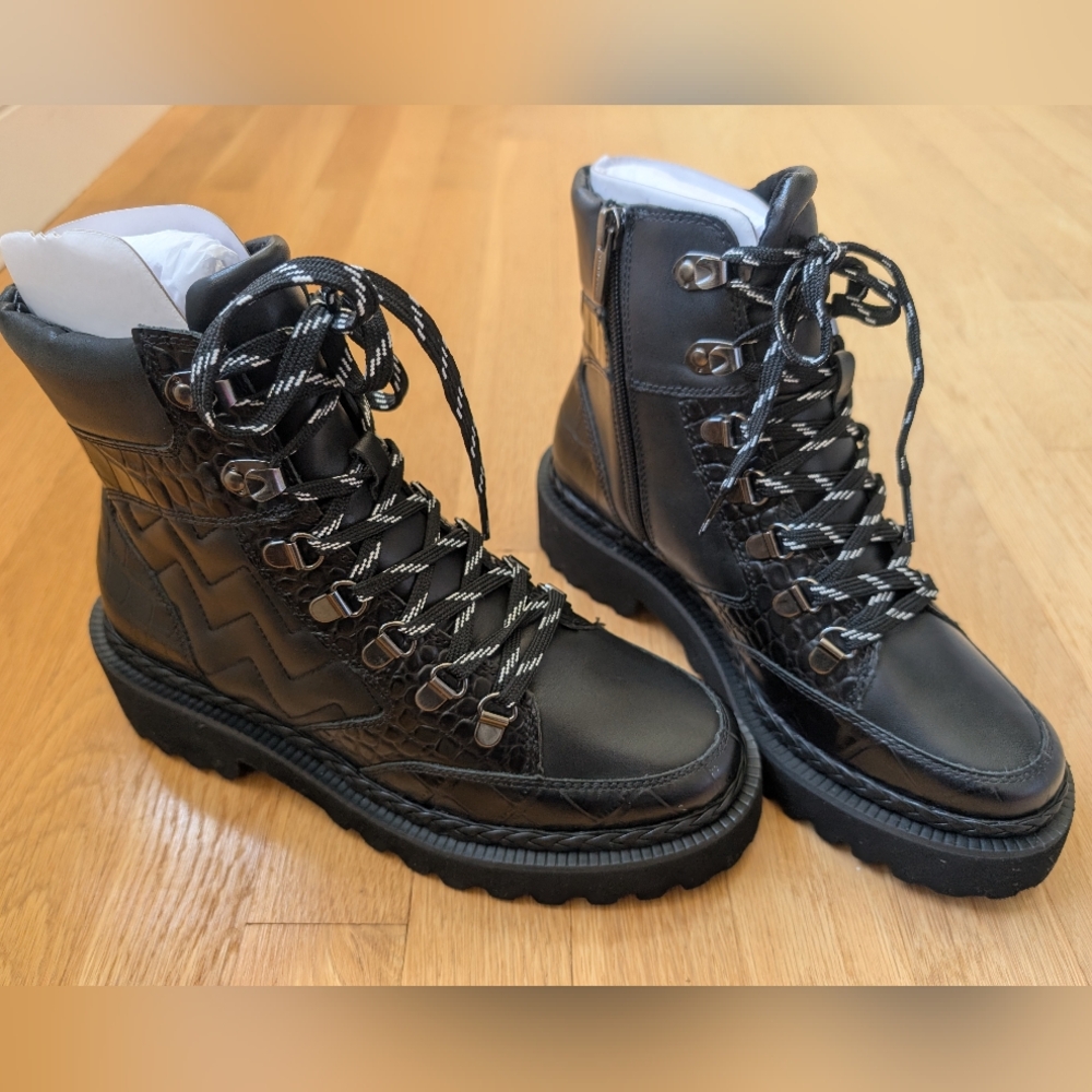 Vince Camuto Black Combat Style With Designs Lace-Up Women's Boots